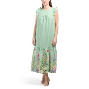 NWT -Le Ragazze Italy Linen Blend Ruffle Detail Green Floral Print Maxi Dress-XL